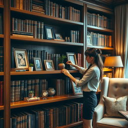 A cozy room featuring a luxurious bookshelf filled with various elegantly bound books and decorative items