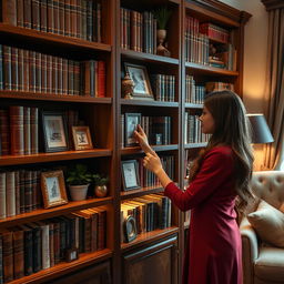 A cozy room featuring a luxurious bookshelf filled with various elegantly bound books and decorative items