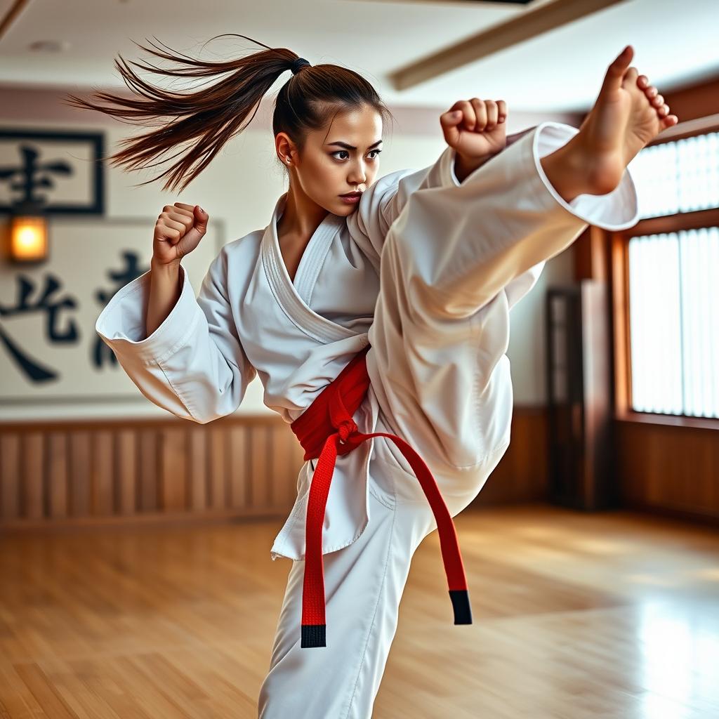 A powerful and sexy Kyokushin karate girl demonstrating an impressive high kick in a stunning dojo setting