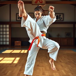 A powerful and sexy Kyokushin karate girl demonstrating an impressive high kick in a stunning dojo setting
