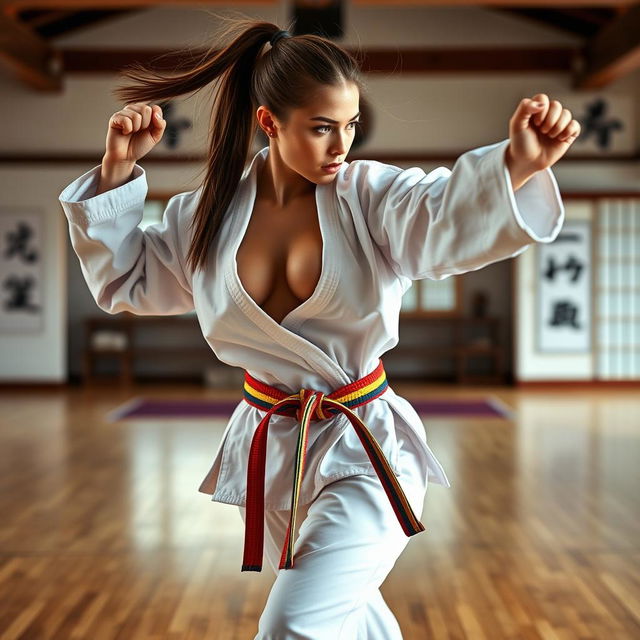 A powerful and sexy Kyokushin karate girl demonstrating an impressive high kick in a stunning dojo setting