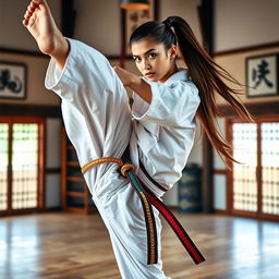 A powerful and sexy Kyokushin karate girl demonstrating an impressive high kick in a stunning dojo setting