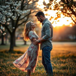 A romantic scene depicting a couple in love, passionately gazing into each other's eyes in a serene park setting during sunset