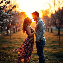 A romantic scene depicting a couple in love, passionately gazing into each other's eyes in a serene park setting during sunset