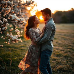 A romantic scene depicting a couple in love, passionately gazing into each other's eyes in a serene park setting during sunset