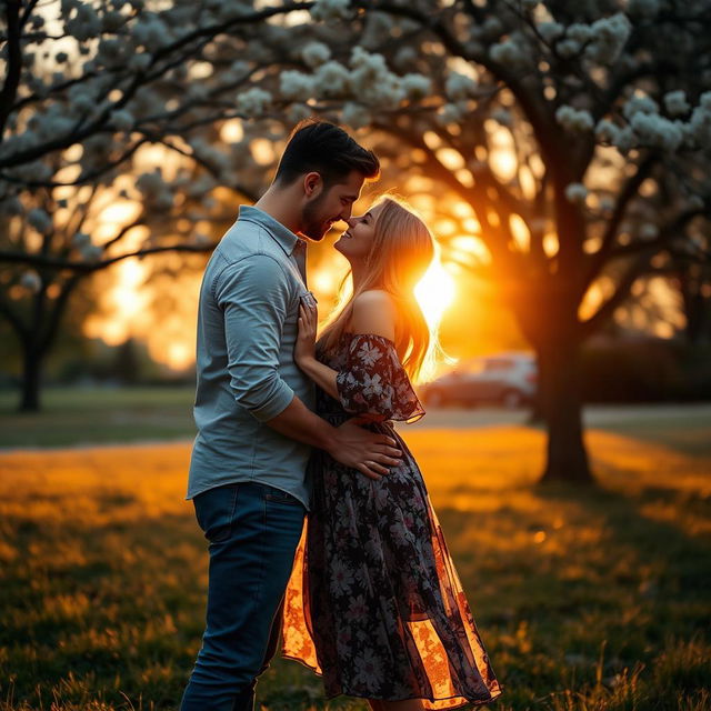 A romantic scene depicting a couple in love, passionately gazing into each other's eyes in a serene park setting during sunset