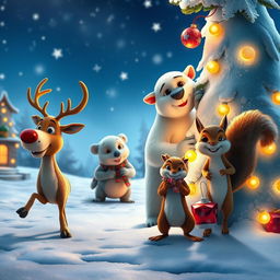 A whimsical Christmas-themed movie scene featuring a mischievous goblin lurking in the background, with a reindeer, a polar bear, and a squirrel as the main characters in the foreground