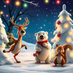 A whimsical Christmas-themed movie scene featuring a mischievous goblin lurking in the background, with a reindeer, a polar bear, and a squirrel as the main characters in the foreground