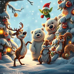 A whimsical Christmas-themed movie scene featuring a mischievous goblin lurking in the background, with a reindeer, a polar bear, and a squirrel as the main characters in the foreground
