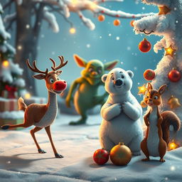 A whimsical Christmas-themed movie scene featuring a mischievous goblin lurking in the background, with a reindeer, a polar bear, and a squirrel as the main characters in the foreground