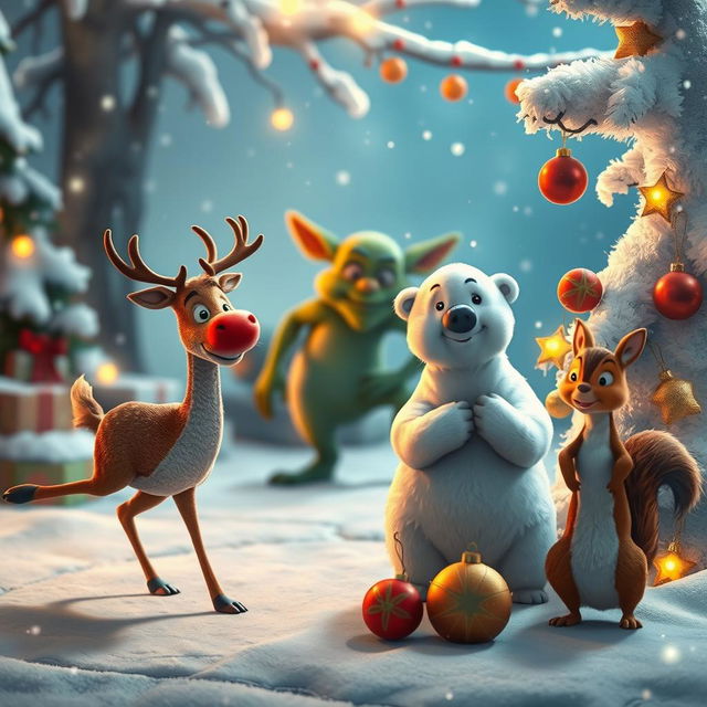 A whimsical Christmas-themed movie scene featuring a mischievous goblin lurking in the background, with a reindeer, a polar bear, and a squirrel as the main characters in the foreground