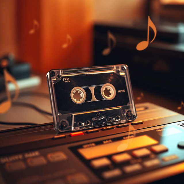 A nostalgic scene featuring a vintage cassette tape playing on a classic cassette player
