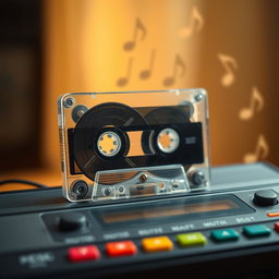 A nostalgic scene featuring a vintage cassette tape playing on a classic cassette player