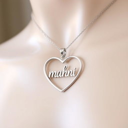 A delicate and elegant heart-shaped pendant necklace for women, featuring the word "mahni" beautifully inscribed inside in a unique and artistic font