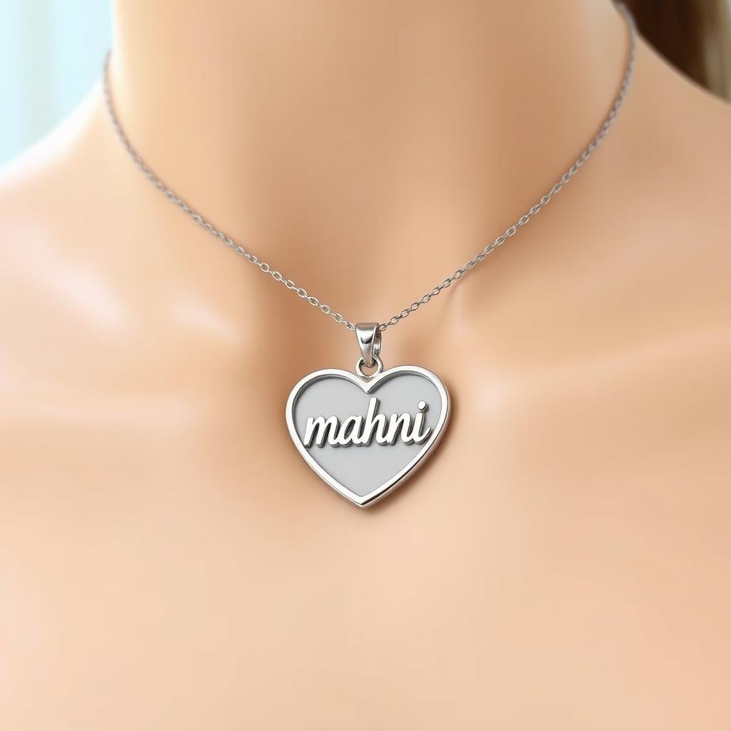 A delicate and elegant heart-shaped pendant necklace for women, featuring the word "mahni" beautifully inscribed inside in a unique and artistic font