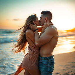 A hot couple embracing in a passionate kiss under a sunset, showcasing their toned bodies