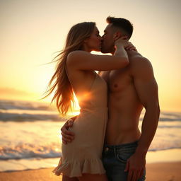 A hot couple embracing in a passionate kiss under a sunset, showcasing their toned bodies