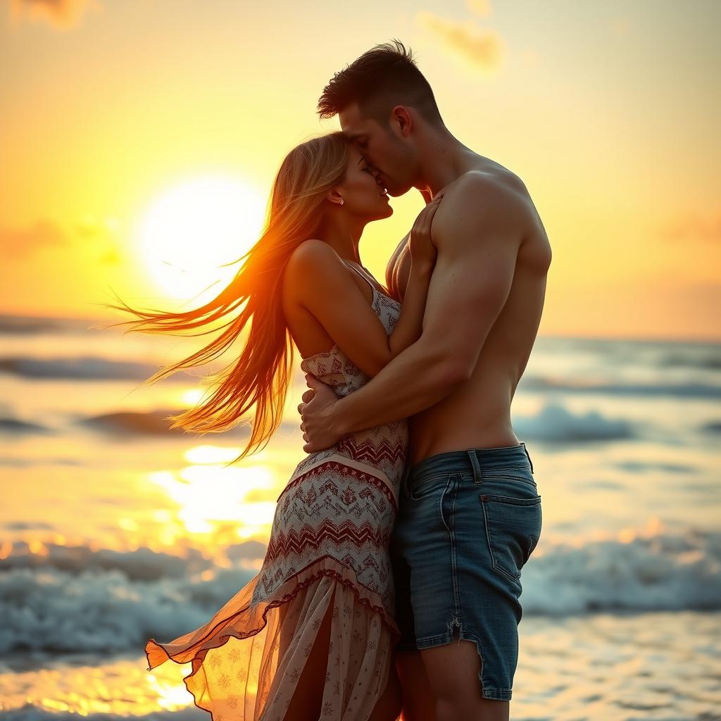 A hot couple embracing in a passionate kiss under a sunset, showcasing their toned bodies