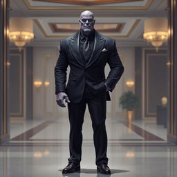A stylish depiction of Thanos from Marvel, wearing a tailored suit, giving him a very elegant and sophisticated appearance