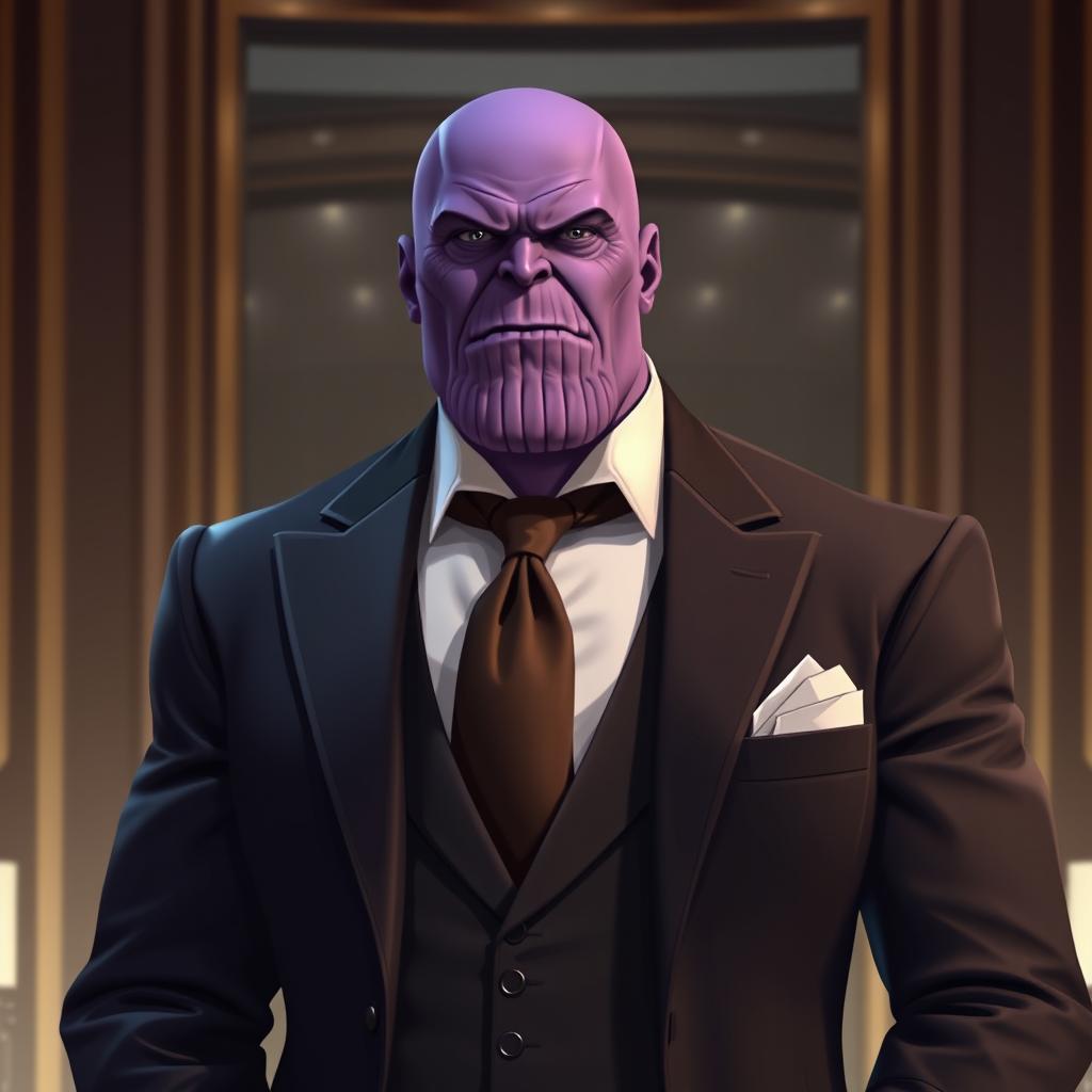 A stylish depiction of Thanos from Marvel, wearing a tailored suit, giving him a very elegant and sophisticated appearance