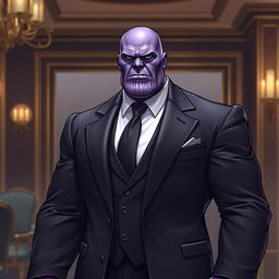 A stylish depiction of Thanos from Marvel, wearing a tailored suit, giving him a very elegant and sophisticated appearance