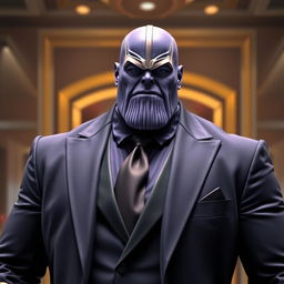 A stylish depiction of Thanos from Marvel, wearing a tailored suit, giving him a very elegant and sophisticated appearance