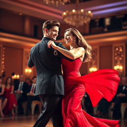 A graceful couple dancing in a vibrant ballroom, their movements captivating and dynamic