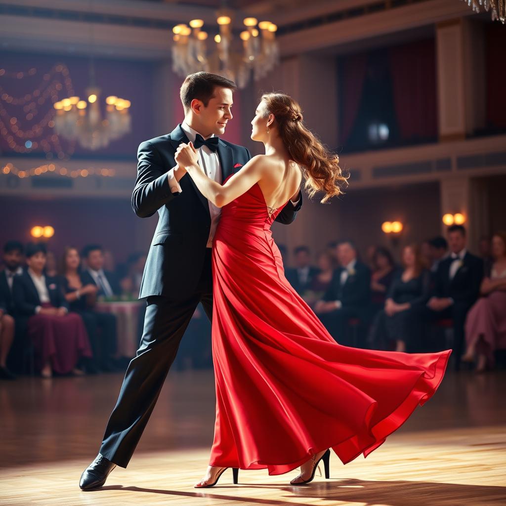 A graceful couple dancing in a vibrant ballroom, their movements captivating and dynamic
