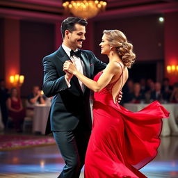 A graceful couple dancing in a vibrant ballroom, their movements captivating and dynamic