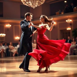 A graceful couple dancing in a vibrant ballroom, their movements captivating and dynamic