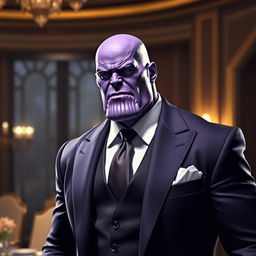 A stylish depiction of Thanos from Marvel, dressed in a sharp, tailored suit that conveys sophistication and elegance