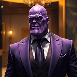 A stylish depiction of Thanos from Marvel, dressed in a sharp, tailored suit that conveys sophistication and elegance