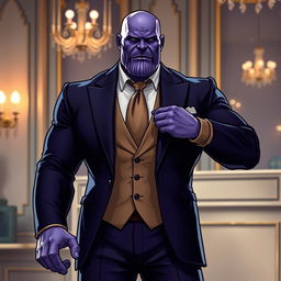 A stylish depiction of Thanos from Marvel, dressed in a sharp, tailored suit that conveys sophistication and elegance