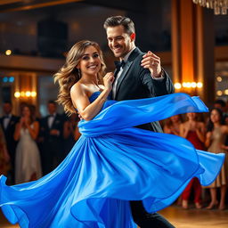 A vibrant couple dancing passionately in a lively ballroom setting