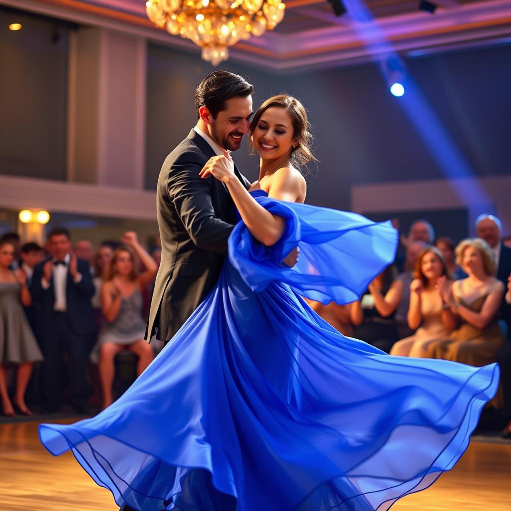 A vibrant couple dancing passionately in a lively ballroom setting