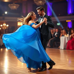 A vibrant couple dancing passionately in a lively ballroom setting