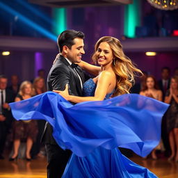 A vibrant couple dancing passionately in a lively ballroom setting