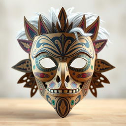 A creatively designed mask made from cardboard, featuring intricate patterns and textures, showcasing a variety of colors and details