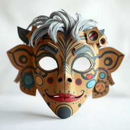 A creatively designed mask made from cardboard, featuring intricate patterns and textures, showcasing a variety of colors and details