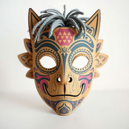 A creatively designed mask made from cardboard, featuring intricate patterns and textures, showcasing a variety of colors and details