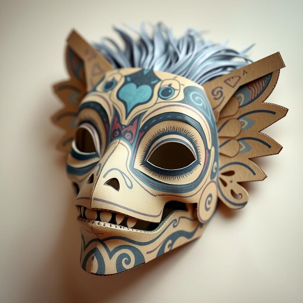 A creatively designed mask made from cardboard, featuring intricate patterns and textures, showcasing a variety of colors and details