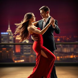 A passionate dancer couple performing a romantic tango against a dramatic backdrop