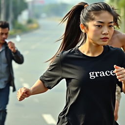A beautiful young Korean woman wearing a black t-shirt featuring the word 'grace' in the corner, with her long straight hair tied up in a high ponytail