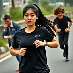 A beautiful young Korean woman wearing a black t-shirt featuring the word 'grace' in the corner, with her long straight hair tied up in a high ponytail