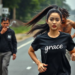 A beautiful young Korean woman wearing a black t-shirt featuring the word 'grace' in the corner, with her long straight hair tied up in a high ponytail