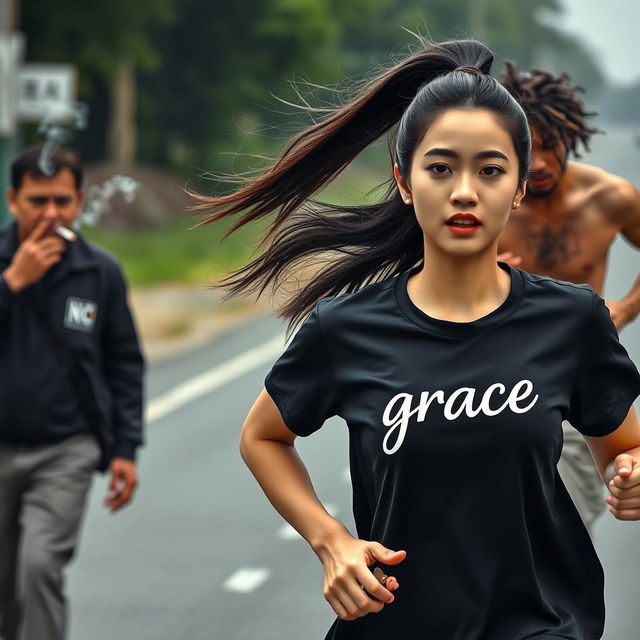 A beautiful young Korean woman wearing a black t-shirt featuring the word 'grace' in the corner, with her long straight hair tied up in a high ponytail