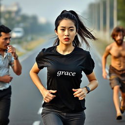 A beautiful young Korean woman wearing a black t-shirt featuring the word 'grace' in the corner, with her long straight hair tied up in a high ponytail