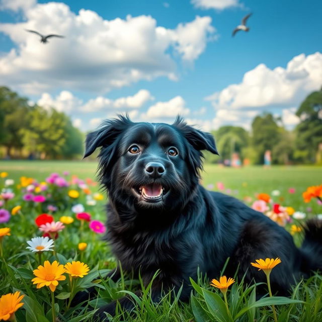 A playful black dog with shiny fur sitting in a lush green park, surrounded by colorful flowers