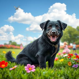 A playful black dog with shiny fur sitting in a lush green park, surrounded by colorful flowers