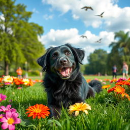 A playful black dog with shiny fur sitting in a lush green park, surrounded by colorful flowers